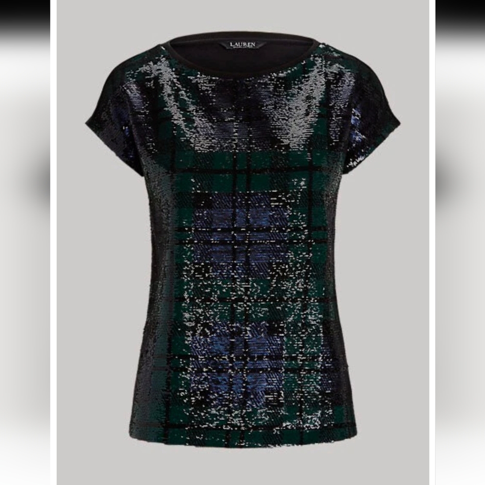 Ralph Lauren Sequined Plaid Cotton-Blend Tee Black Label Lg